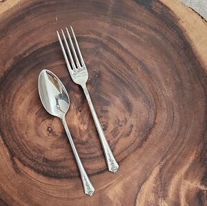 Polished Silver Serving Fork and Spoon Set — Floral Accent
